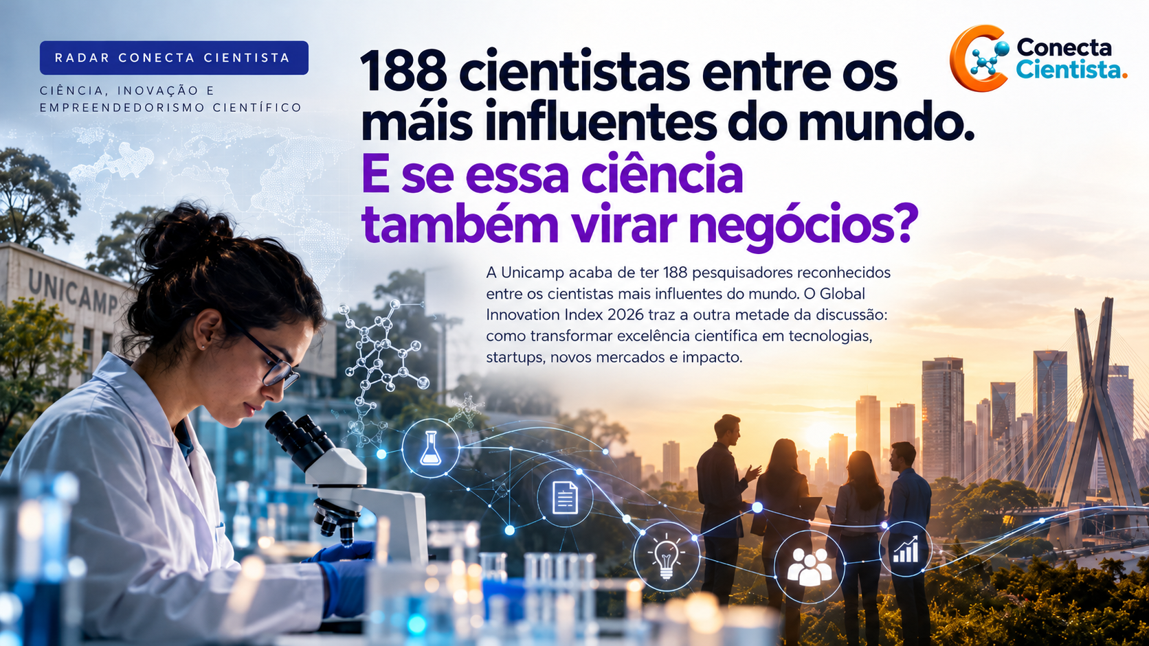 Pesquisadora ao microscópio em laboratório, com o prédio da Unicamp ao fundo, ícones de patente, ideia e negócios conectados e pessoas conversando diante do horizonte de São Paulo.