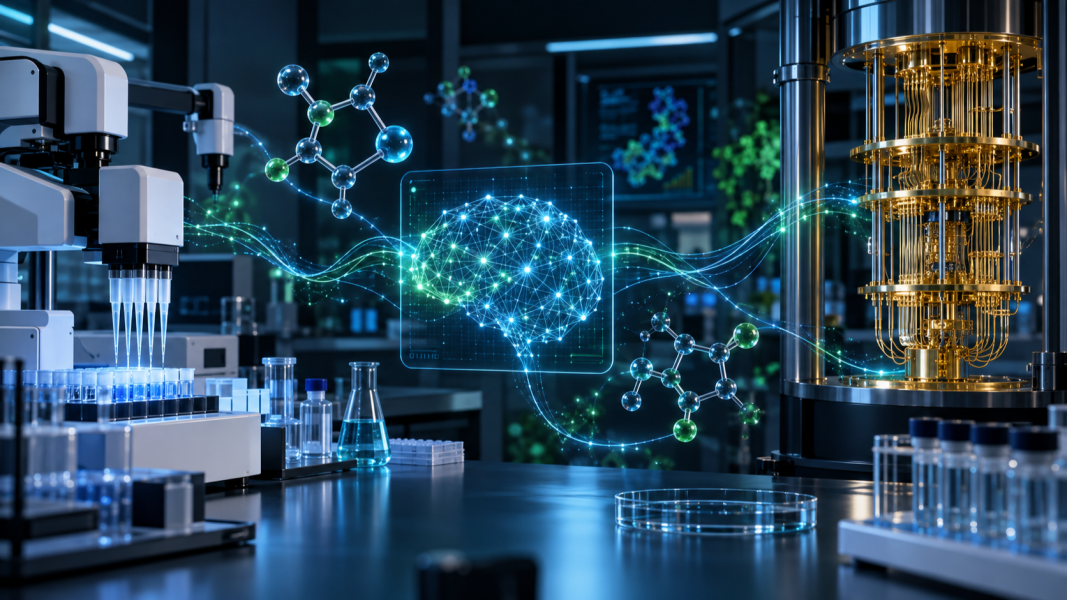 Laboratório automatizado com braços robóticos, moléculas, rede neural em holograma e um processador quântico, representando a união entre inteligência artificial e experimentação.